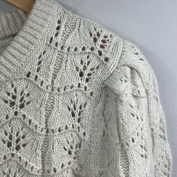 Gap Cream Ivory Pointelle Knit Sweater Sz M Tall Wool Blend Puff Sleeve - Picture 3 of 10